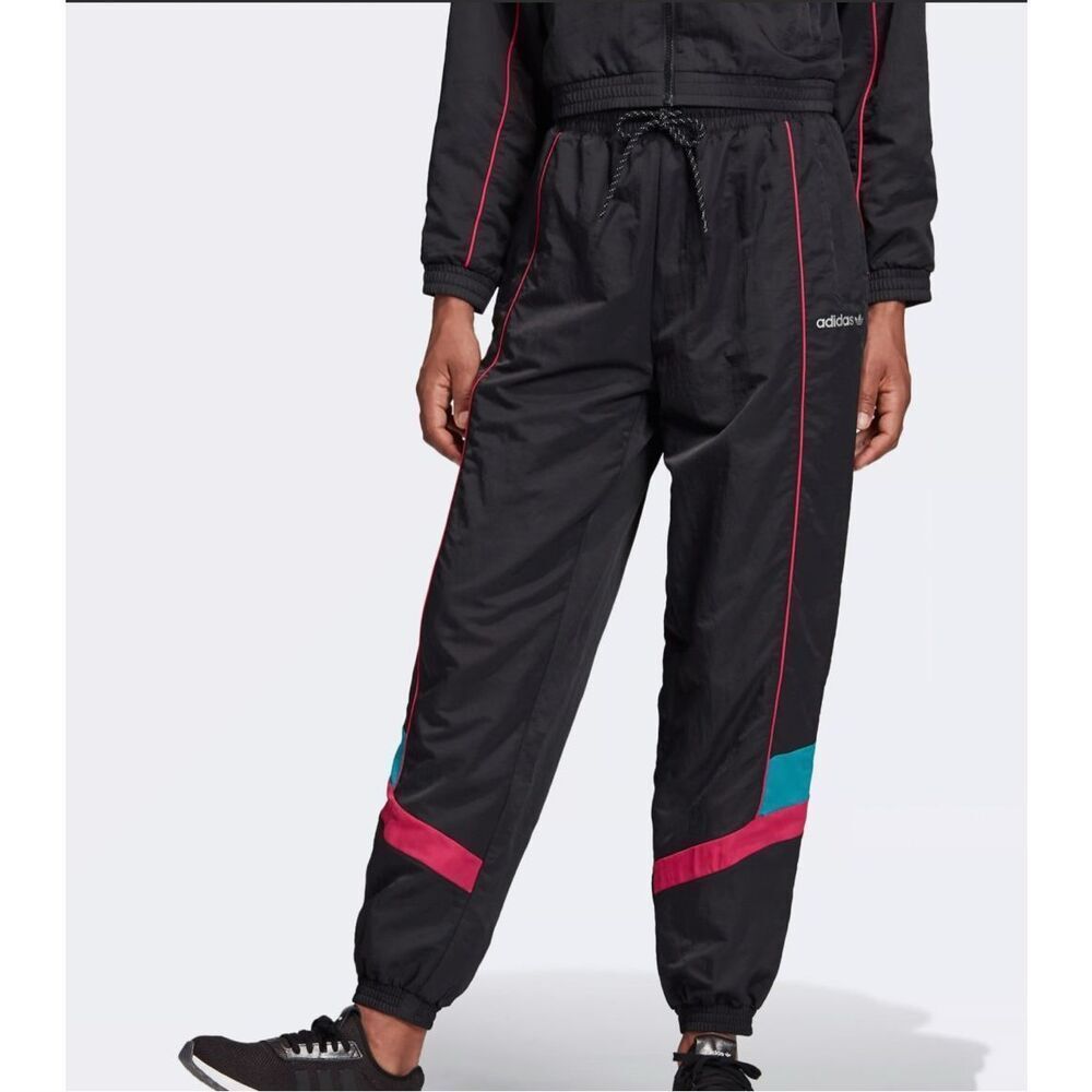 1980s Adidas Black Blue & Hot Pink Track Pants Elastic/Tie Waste Size Medium